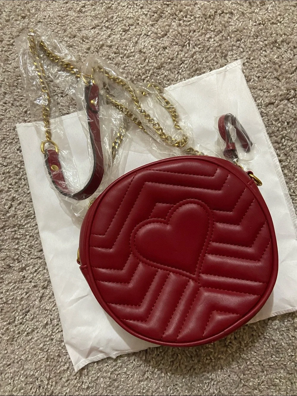 Designer inspired G G Red Quilted Round Crossbody with Gold Double-G